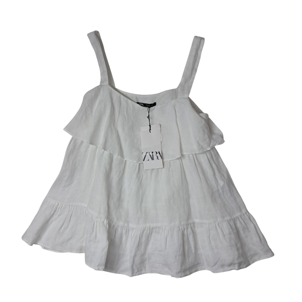 NWT Zara Tank Top Womens Medium White Tiered Ruffle 100%‎ Linen Sleeveless